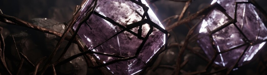 Close-up of glowing purple geometric shapes in a dark setting