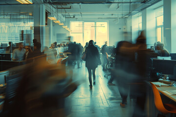 A blurry image of a busy office with people walking around