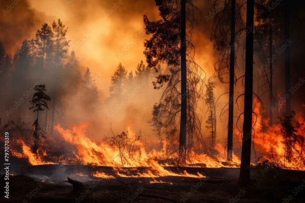 Canvas Prints Intense wildfire burning through a forest at dusk