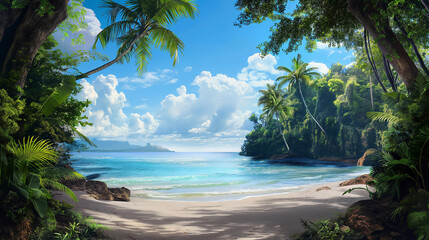  Pristine White Sand Beach Edged By Lush Tropical Forest, Clear Blue Waters