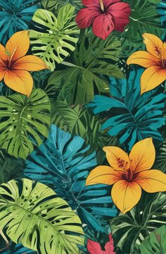 Solid background of vibrant tropical leaves and flowers