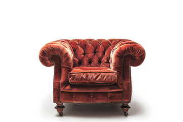 An angled shot of a Chesterfield chair, showcasing its plump cushions and inviting seat, isolated on solid white background.