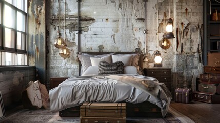 Stylish urban loft bedroom with industrial chic decor and rustic influences