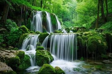 Serene Waterfall in Lush Green Forest