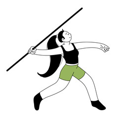 Javelin throw outline illustration. Athlete throwing javelin icon. Character for sports standings, web, postcard, mascot, sport school. Healthy lifestyle background. Vector line art illustration.