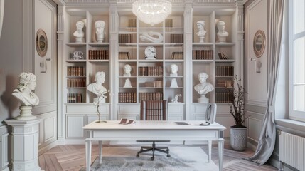 Elegant neoclassical home office decorated with sculptures and bookshelves