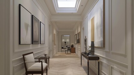 Elegant and spacious gallery-inspired hallway with modern art and serene lighting