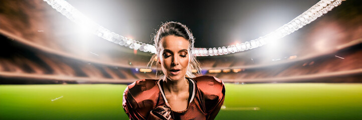 football player woman with eyes closed in a stadium