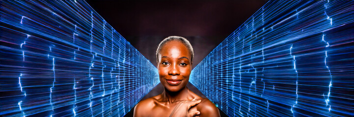 portrait of a woman in a digital corridor