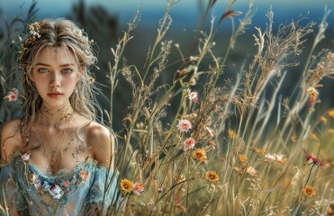 Fototapeta premium woman, spring, summer, copy space, field, prairie, meadow, beautiful, sexy, harvest, farm, outdoors, nature