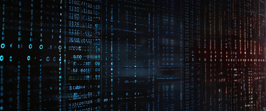 An abstract digital background with binary code and AI algorithms running in the background