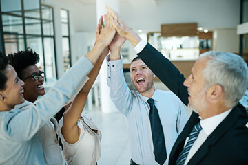 Business people, high five and hands for celebration, teamwork, and collaboration for success of...