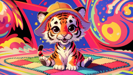A charming baby tiger illustration with trendy hat