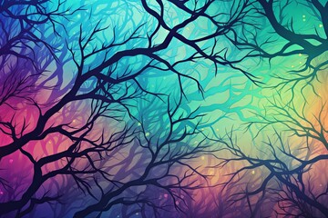 Enchanted Forest Canopy Gradients Background: Magical Tree Hues Symphony