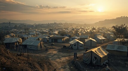 A panoramic view of a refugee camp, showcasing the temporary homes and community areas. - obrazy, fototapety, plakaty