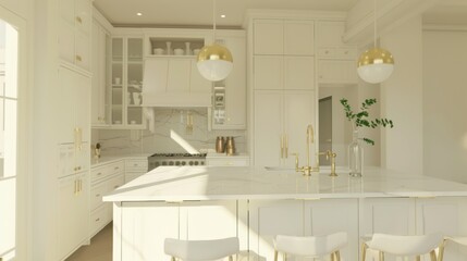 Elegant minimalist neoclassical kitchen with white cabinetry and gold accents