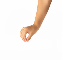Naklejka premium Child hand hanging something blank isolated on a white background
