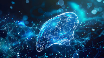 A glowing blue digital illustration of the human liver with medical elements and waves in the background. on a dark blue background 