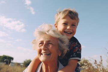 Grandmother with granddaughter family smiling happiness love old woman little girl winter warmth walk child hug embracing care togetherness bonding affection parent support tender relationship outside