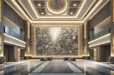 a grand reception hall featuring a large mural made entirely of various metallic coins