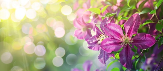 Fototapeta na wymiar Beautiful clematis flowers in the garden, green background with sun rays and bokeh effect, banner design Generative AI