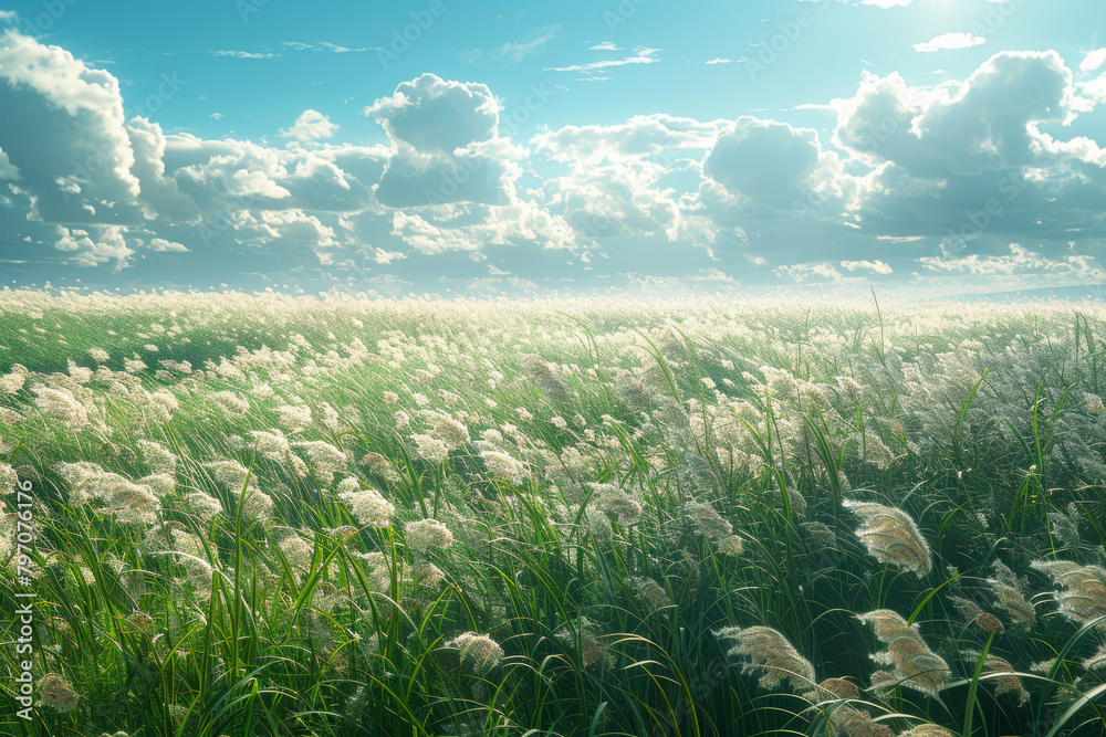 Poster a vast field of biomass crops swaying in the wind, ready to be converted into biofuel. concept of bi