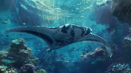 Manta rays gracefully glide through the water. They seem to dance, with their large fins flowing...