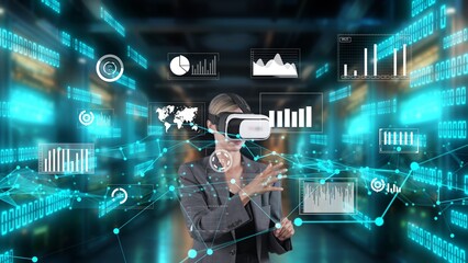 Businesswoman sliding and pointing circle finance data world shape monitor through by VR glasses...