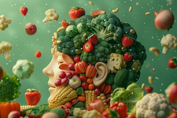 A lively human body composed of fruits and vegetables emphasizes the importance of fruits and vegetables to human health.