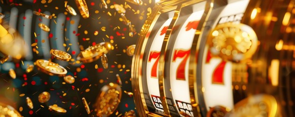 Jackpot win on slot machine with golden coins explosion