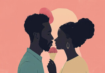 Happy African American couple enjoying a sweet moment together sharing an ice cream cone outdoors in summer