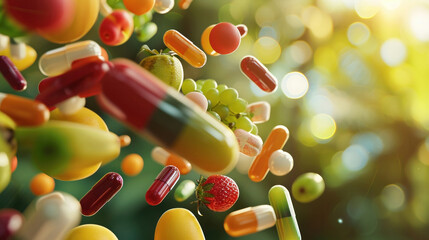 Colorful floating pills in front of green background a vibrant pharmaceutical concept