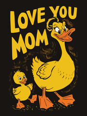 A spirited mother duck leading playful ducklings against a black backdrop