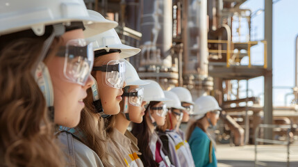 A group of young people wearing white safety helmets and goggles stand in front of an industrial gas plant. watching the process with curiosity and confidence 
