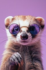 Fototapeta premium Carnivore fawn ferret with whiskers and sunglasses on purple background
