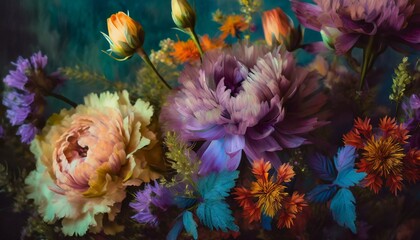 Fototapeta na wymiar expressionist floral botanical canvas showcasing a blend of bold colors and dark tones