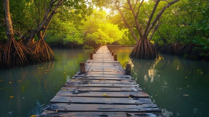 wooden pier extending into a mangrove forest, offering a unique perspective of coastal wetland...