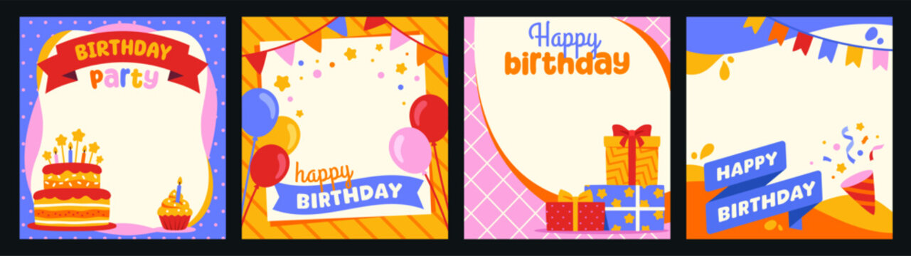 Set of Happy Birthday Frames. Greeting card templates or photo booth mockups with cake, gifts and balloons. Holiday and party celebration. Cartoon flat vector collection isolated on black background