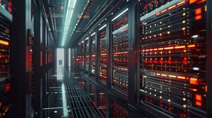 A panoramic view of a statistical data center with servers processing and storing vast amounts of information. - obrazy, fototapety, plakaty