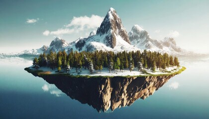 3d floating island with snow mountains and trees
