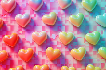 Colorful Heart Shaped Candies Arranged on Pink and Blue Background for Sweet Valentine's Day Celebration Concept