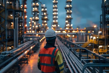 A worker in a refinery showcasing the future of electrical engineering. Concept Industrial Tech Advancements, Electrical Innovation, Refinery Work, Future Engineering Opportunities, Worker Portraits