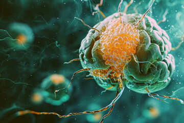 Green and Yellow Cancer Cell with 'Cancer' Written on it in a Cellular Environment