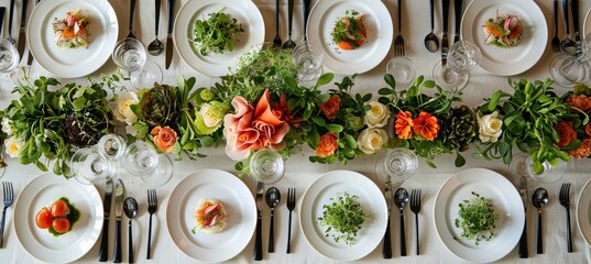A table adorned with plates of food, silverware, and flower arrangements - obrazy, fototapety, plakaty