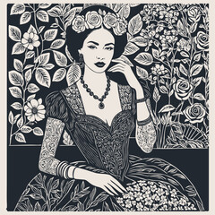 Portrait of an elegant woman in an ancient dress against a background of a floral pattern, vector illustration