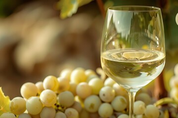 A glass of white wine rests on grapes, surrounded by stemware