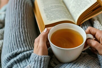 Person reading book while holding tea cup made of wood