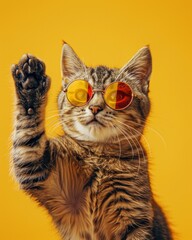 Domestic shorthaired cat with sunglasses on, against yellow background