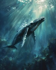a humpback whale is swimming in the ocean with the sun shining through the water