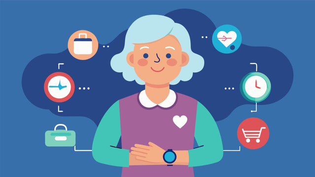 A senior woman wearing a smart watch that tracks her daily activity sleep patterns and cognitive performance providing personalized recommendations.